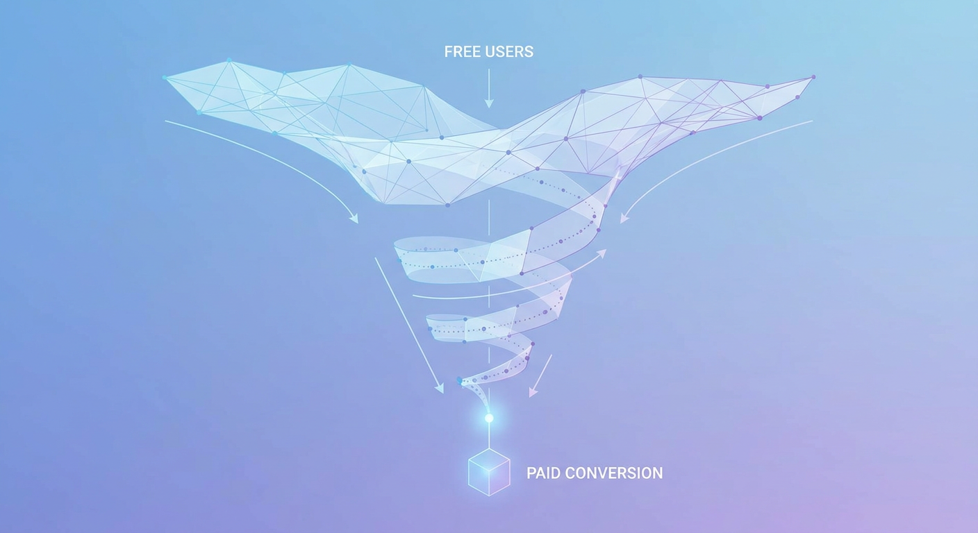 An abstract funnel diagram showing how a B2B SaaS acquisition model converts a large volume of free users into a smaller group of paid customers.