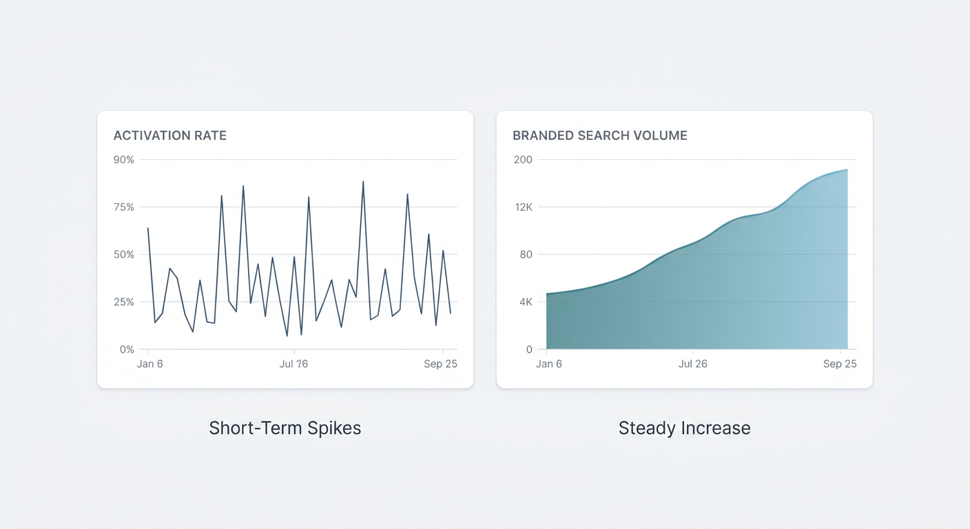 A dashboard comparing a short-term growth marketing metric with a long-term brand marketing metric, showing how both contribute to success.