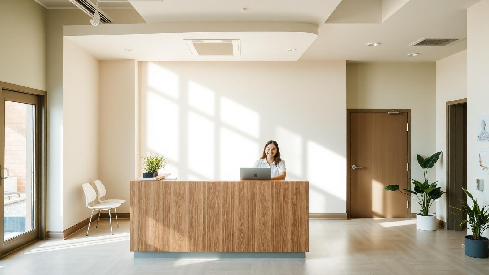 Bright modern dental clinic reception desk with a smiling receptionist